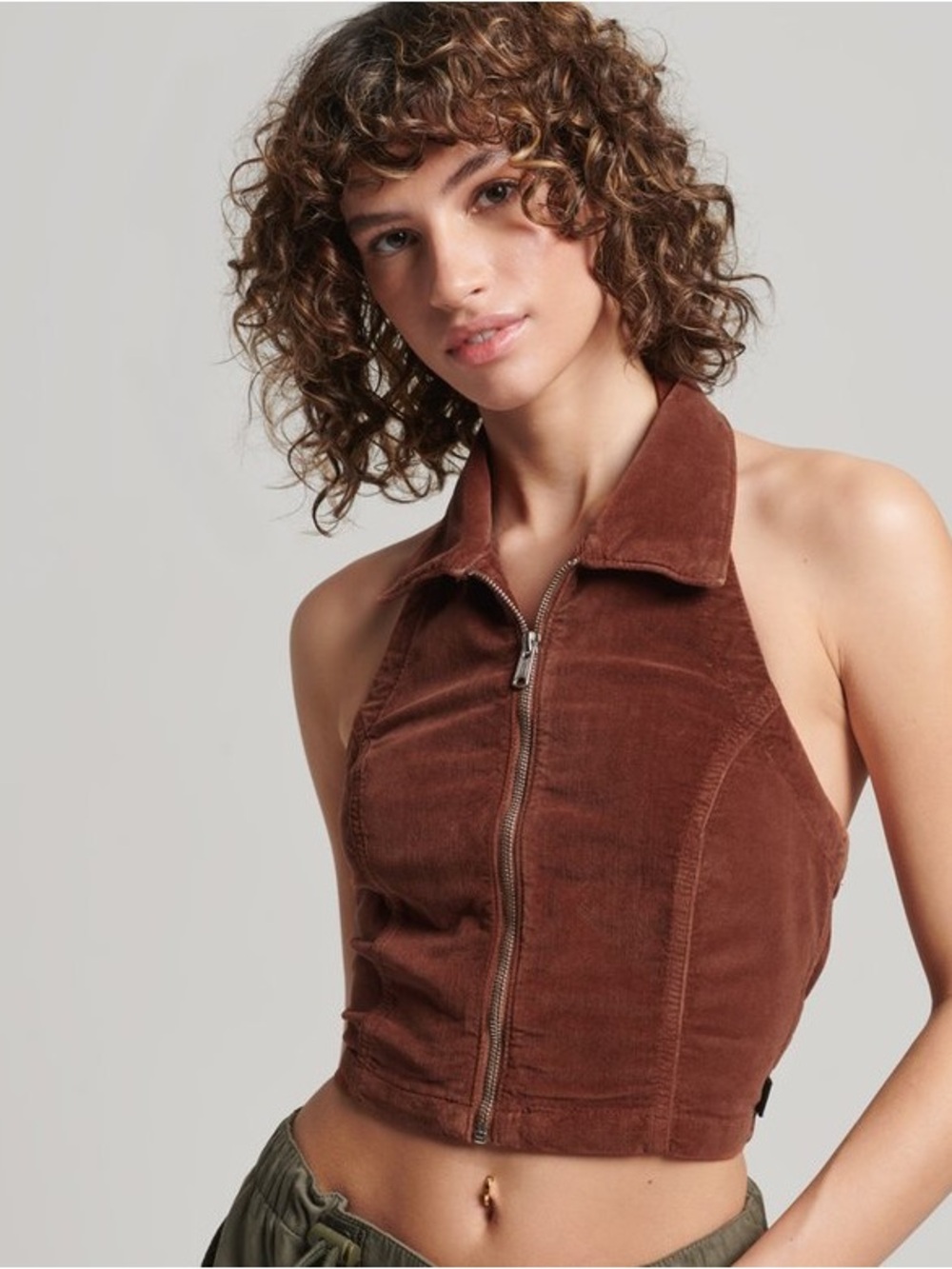 Superdry Velvet Zip Through Halter Top Collared Y2K Slim Fit Women’s Size 4